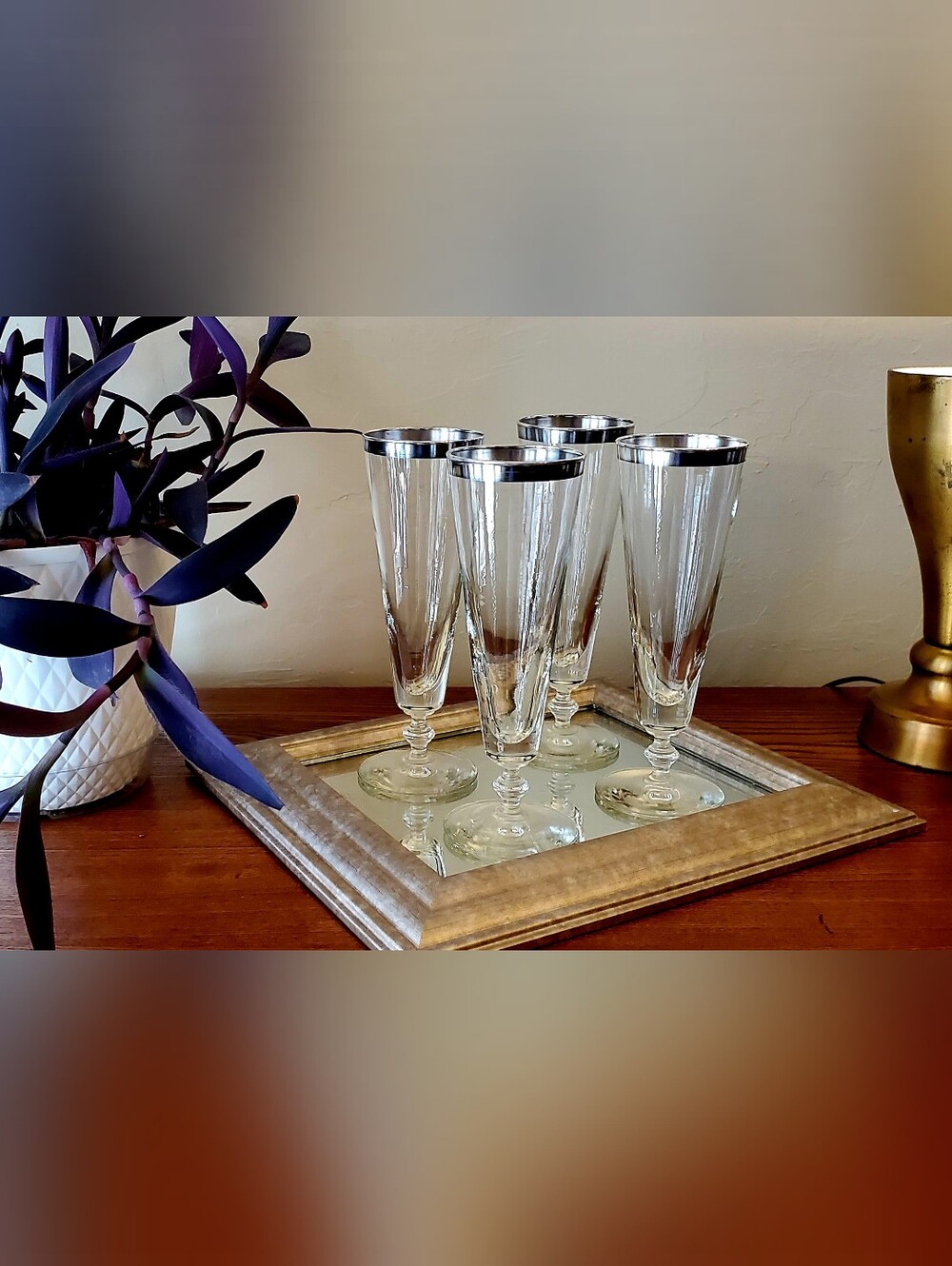 Vintage 1960's Dorothy Thorpe Style MCM Silver Rim Pilsner Glasses Set Of 4